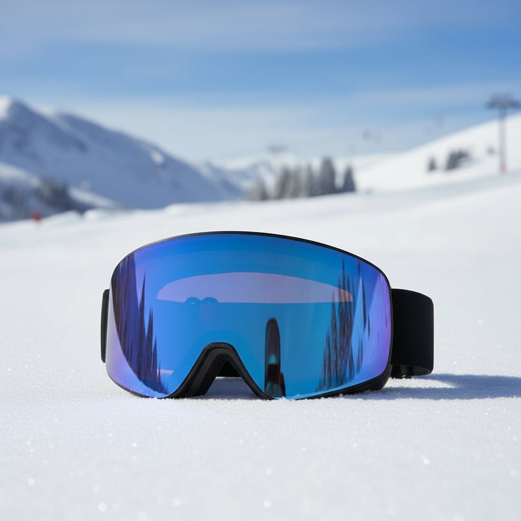 Ski goggles resting in the snow