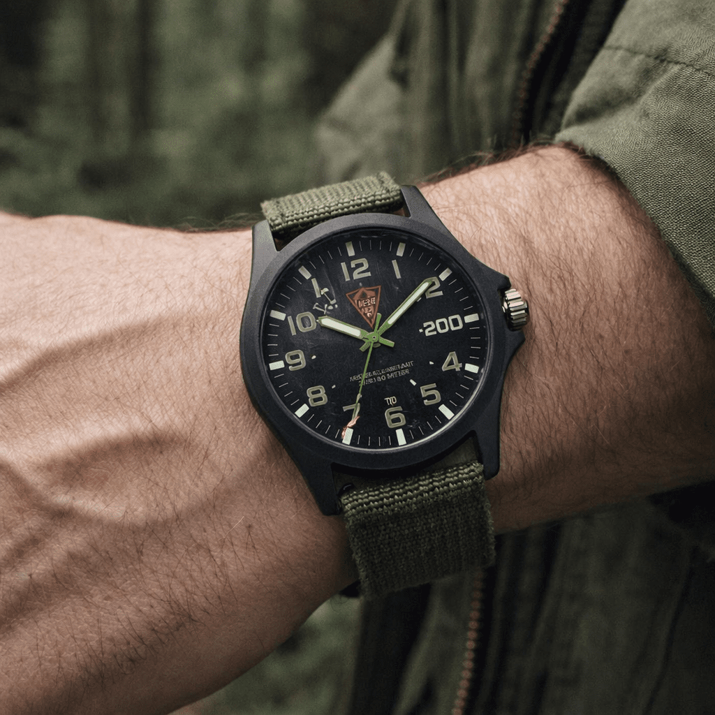 Field watch with a green strap on a man's wrist