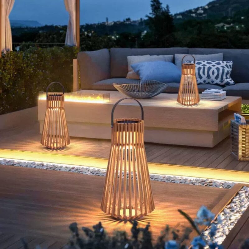 Rattan solar lanterns on a terrace at dusk