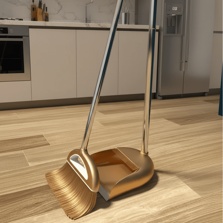 Gold broom and dustpan in a kitchen