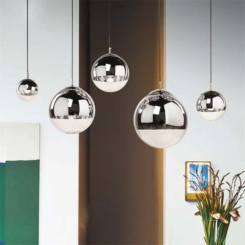 AuroraSphere Glass Orb Pendant Light With Silver Half And Clear Half