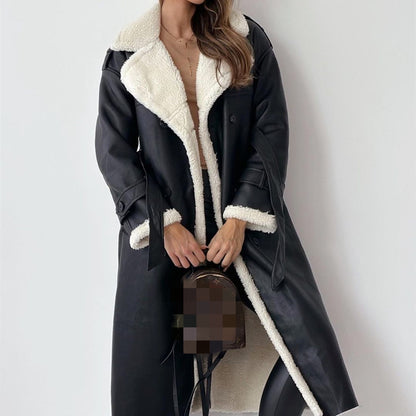 Manteau à manches longues en faux cuir PU pour femmes