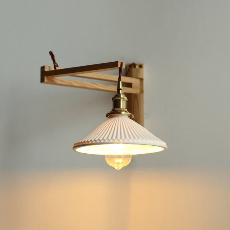 Aplique de pared con brazo articulado de madera y pantalla de vidrio acanalado - Lámpara de lectura ajustable junto a la cama para dormitorio moderno y japandi, pasillo y sala de estar R