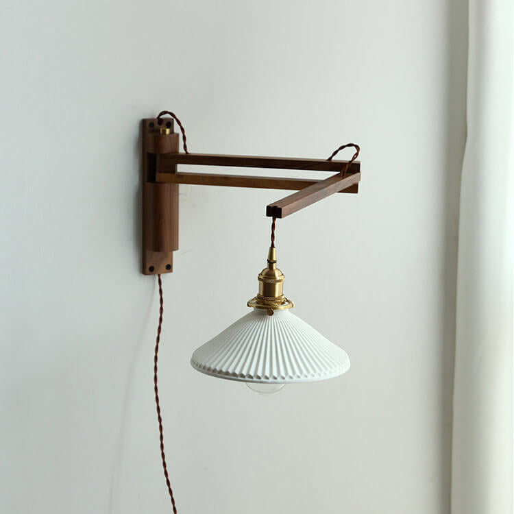 Aplique de pared con brazo articulado de madera y pantalla de vidrio acanalado - Lámpara de lectura ajustable junto a la cama para dormitorio moderno y japandi, pasillo y sala de estar R