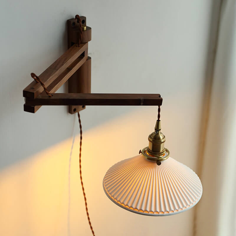 Aplique de pared con brazo articulado de madera y pantalla de vidrio acanalado - Lámpara de lectura ajustable junto a la cama para dormitorio moderno y japandi, pasillo y sala de estar R