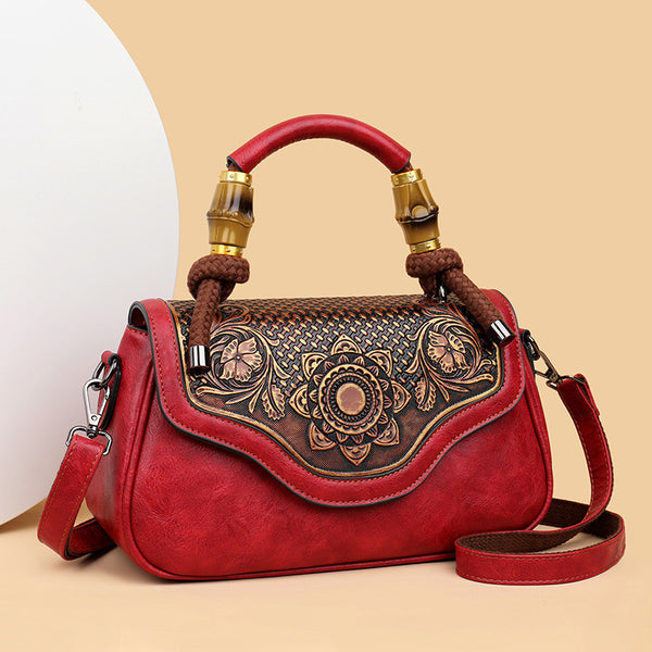 Sac Bandoulière Rétro En Cuir Gaufré Fait Main