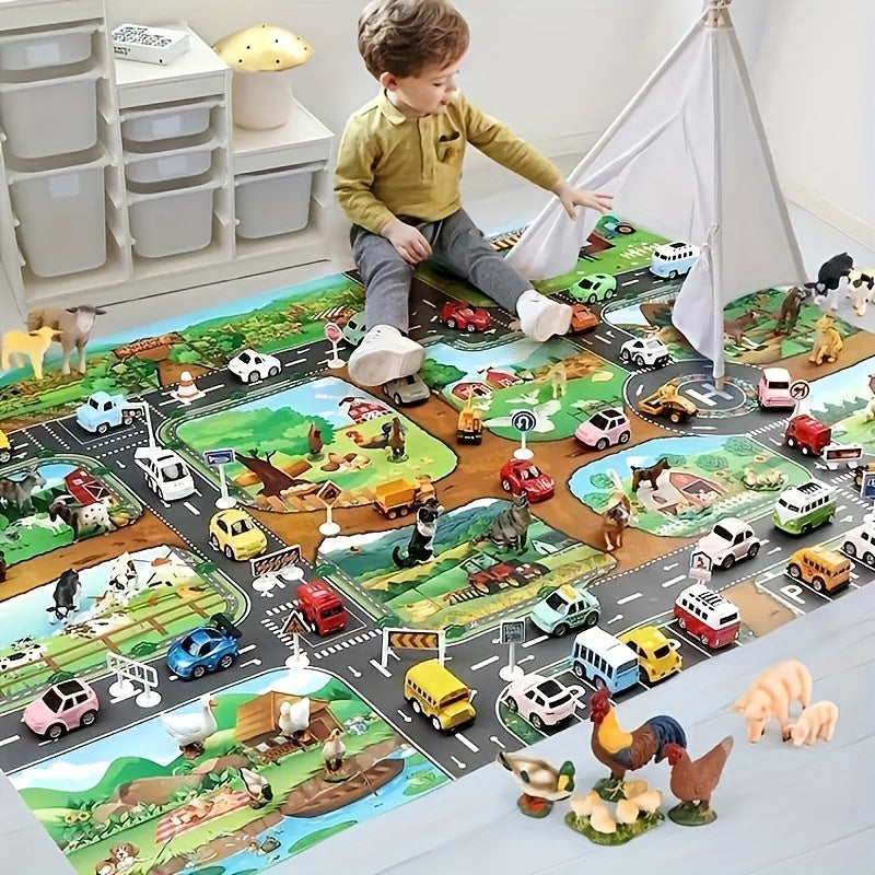 Alfombra de juego infantil con caminos de granja, 39 × 51 pulgadas, alfombrilla tejida antideslizante para juegos de simulación con vehículos de niños pequeños y decoración de habitación infantil