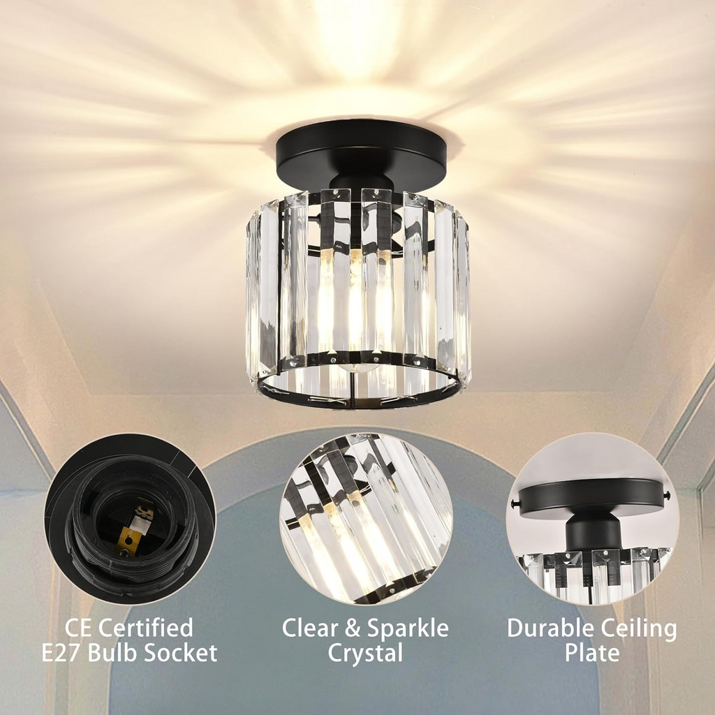 Black Gold Crystal Flush Mount Light Fixture — E27 Socket