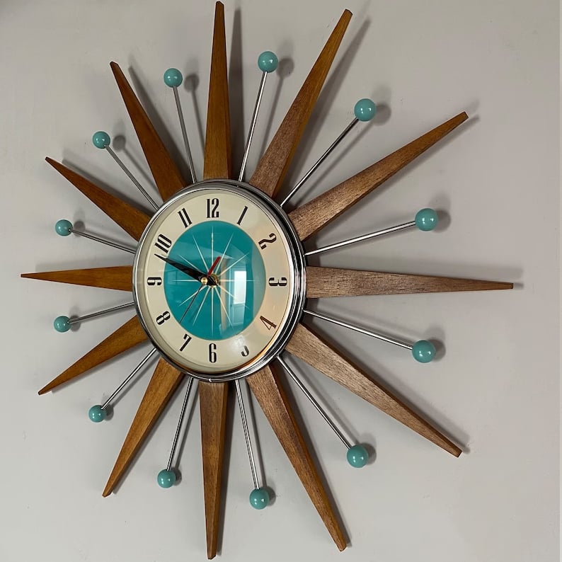 Ceas de perete Sunburst, lucrat manual, de 16 inchi — silențios, alimentat cu baterie