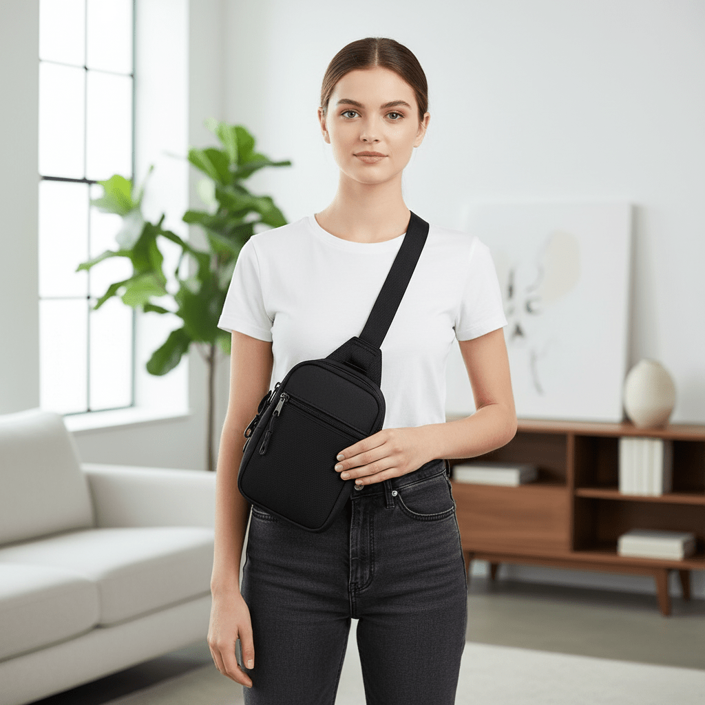 Sac bandoulière compact VivoFlow — Capacité de 1.3 L, dimensions de 20.6 × 16 × 4 cm
