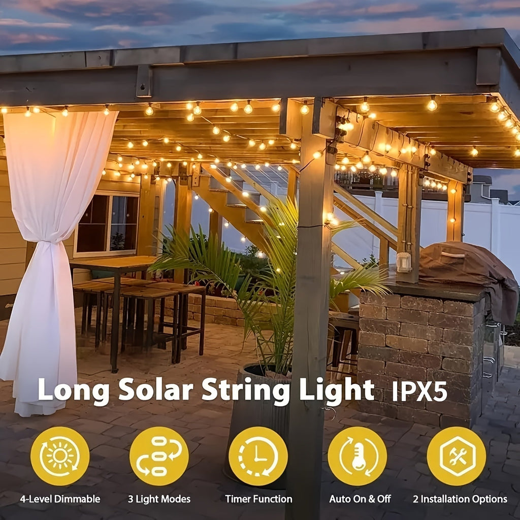 100FT Solar String Lights Outdoor Commercial Grade LED with Dimmable Yellow ST38 Bulbs - Euroselle