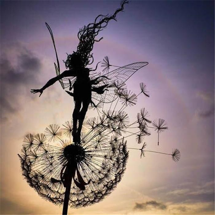 Décoration de jardin en acier inoxydable en forme de pissenlit – Sculpture métallique pour le jardin