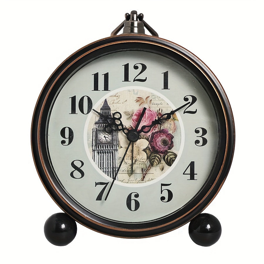 European Vintage Metal Bedside Alarm Clock Silent Analog Large Display - Euroselle