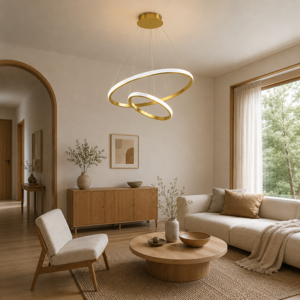 LED-Ring-Pendelleuchte, Kronleuchter und Deckenleuchte — Gold