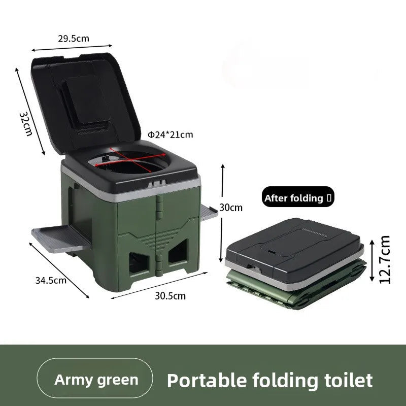 Zusammenklappbare Campingtoilette — Klappsitz, Beutelspender, Stabilisator