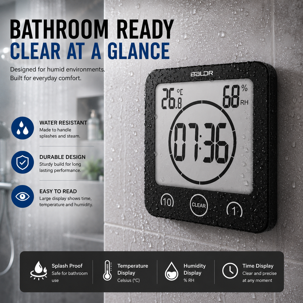 Reloj de ducha impermeable — temporizador de baño con pantalla grande