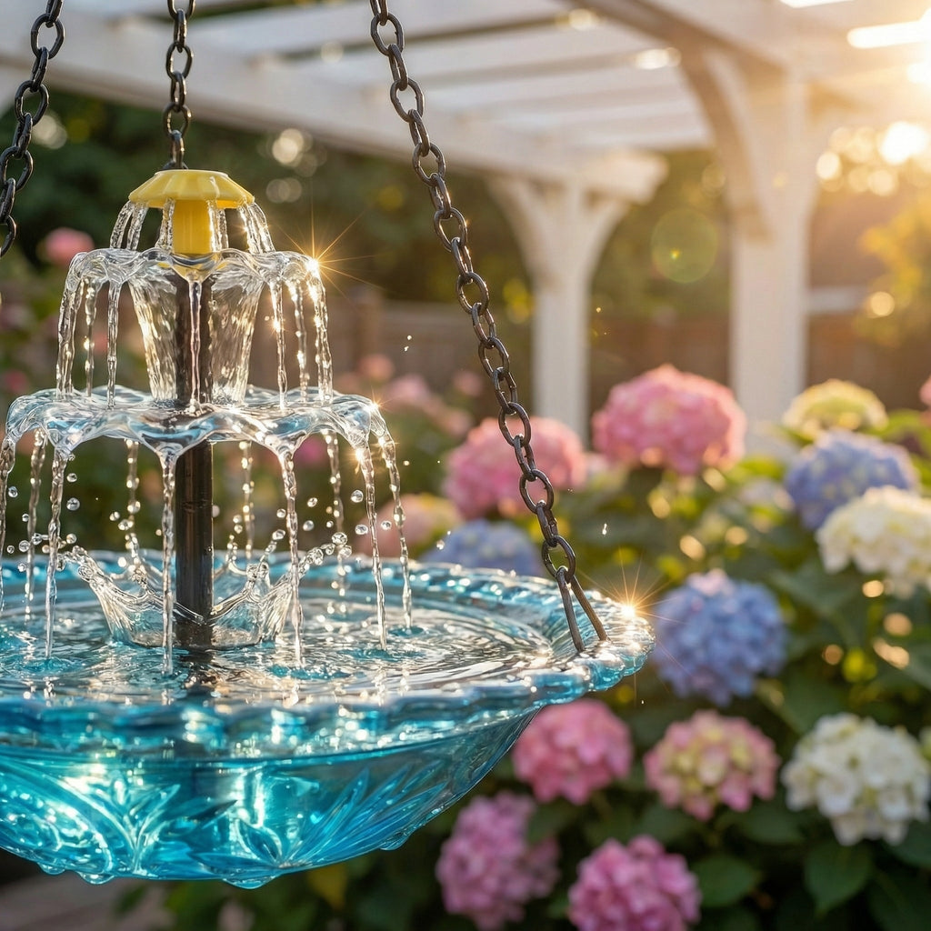 Solar Hanging Bird Bath Fountain — Two-Tier Cordless Water Feature