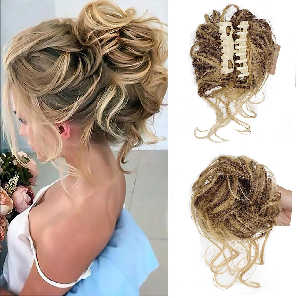 クリップ式無造作お団子ヘアピース - 合成シュシュ、アップスタイルにボリューム