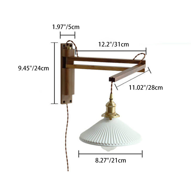 Aplique de pared con brazo articulado de madera y pantalla de vidrio acanalado - Lámpara de lectura ajustable junto a la cama para dormitorio moderno y japandi, pasillo y sala de estar R