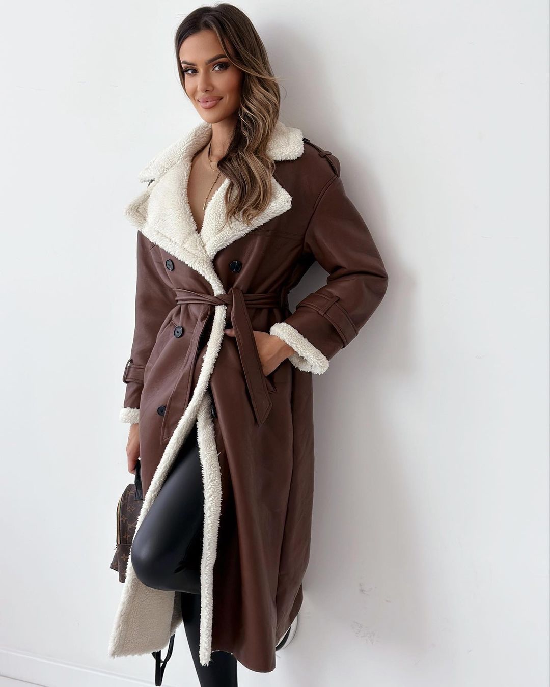 Manteau à manches longues en faux cuir PU pour femmes