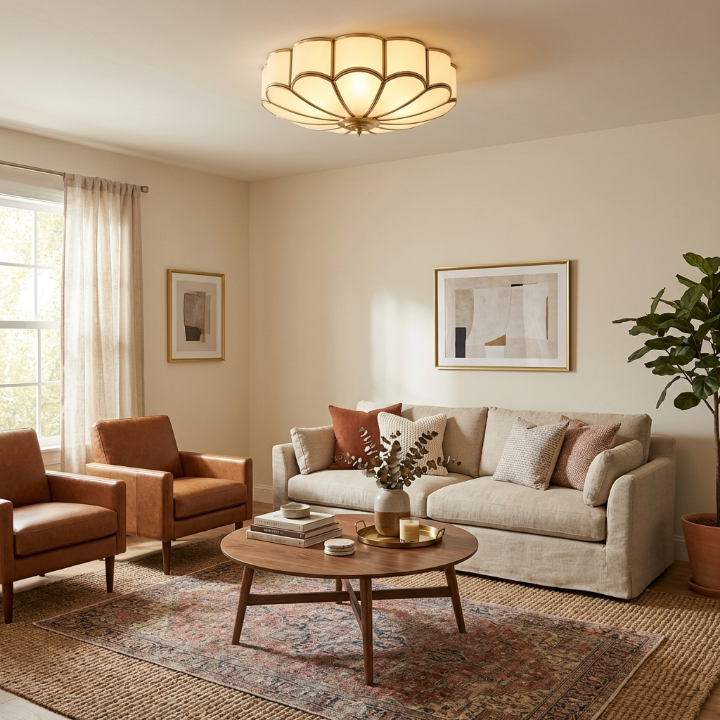 Brass Multi-Arm Flush Mount Ceiling Light — Frosted Glass