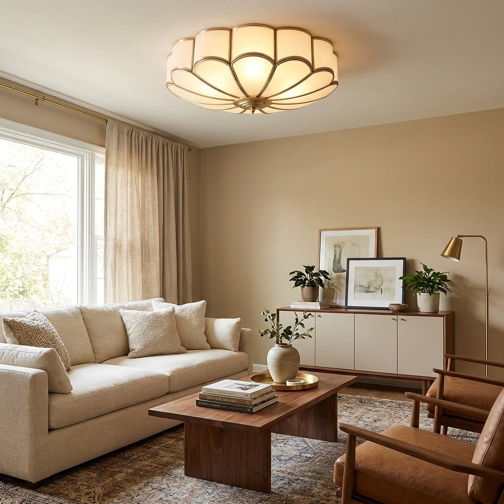Brass Multi-Arm Flush Mount Ceiling Light — Frosted Glass