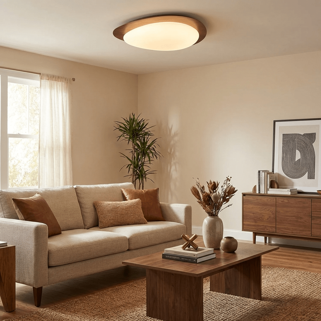 Plafoniera LED Riverstone — profilo ribassato da 8 cm, finitura effetto venatura del noce