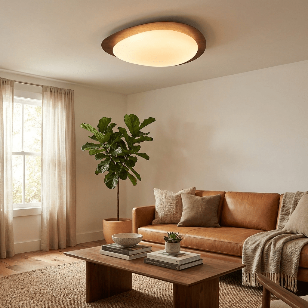 Plafoniera LED Riverstone — profilo ribassato da 8 cm, finitura effetto venatura del noce