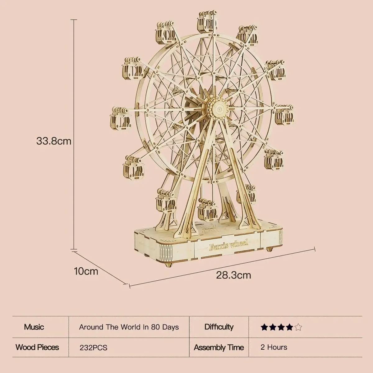 WoodCraft 3D-træmodel af pariserhjul — samlesæt med 232 dele, 33 x 28 cm