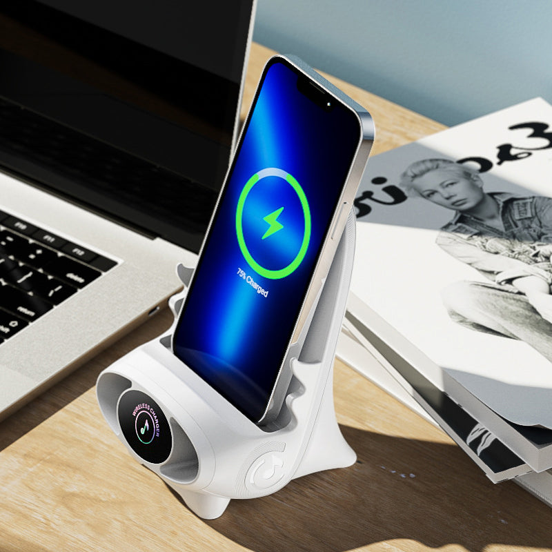 15W nabíjecí stojánek na telefon Qi - zesilovač zvuku, iPhone/Android