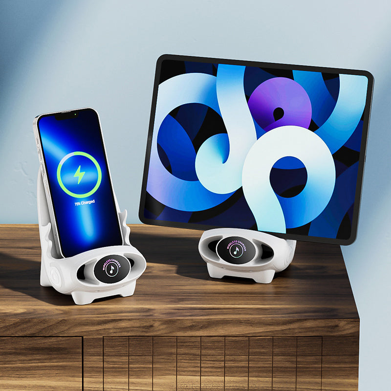 15W nabíjecí stojánek na telefon Qi - zesilovač zvuku, iPhone/Android