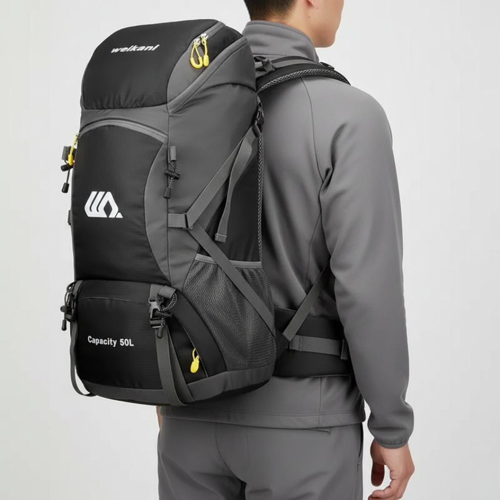 50L Hiking Backpack — Shoe Compartment, Padded Straps & Hip Belt