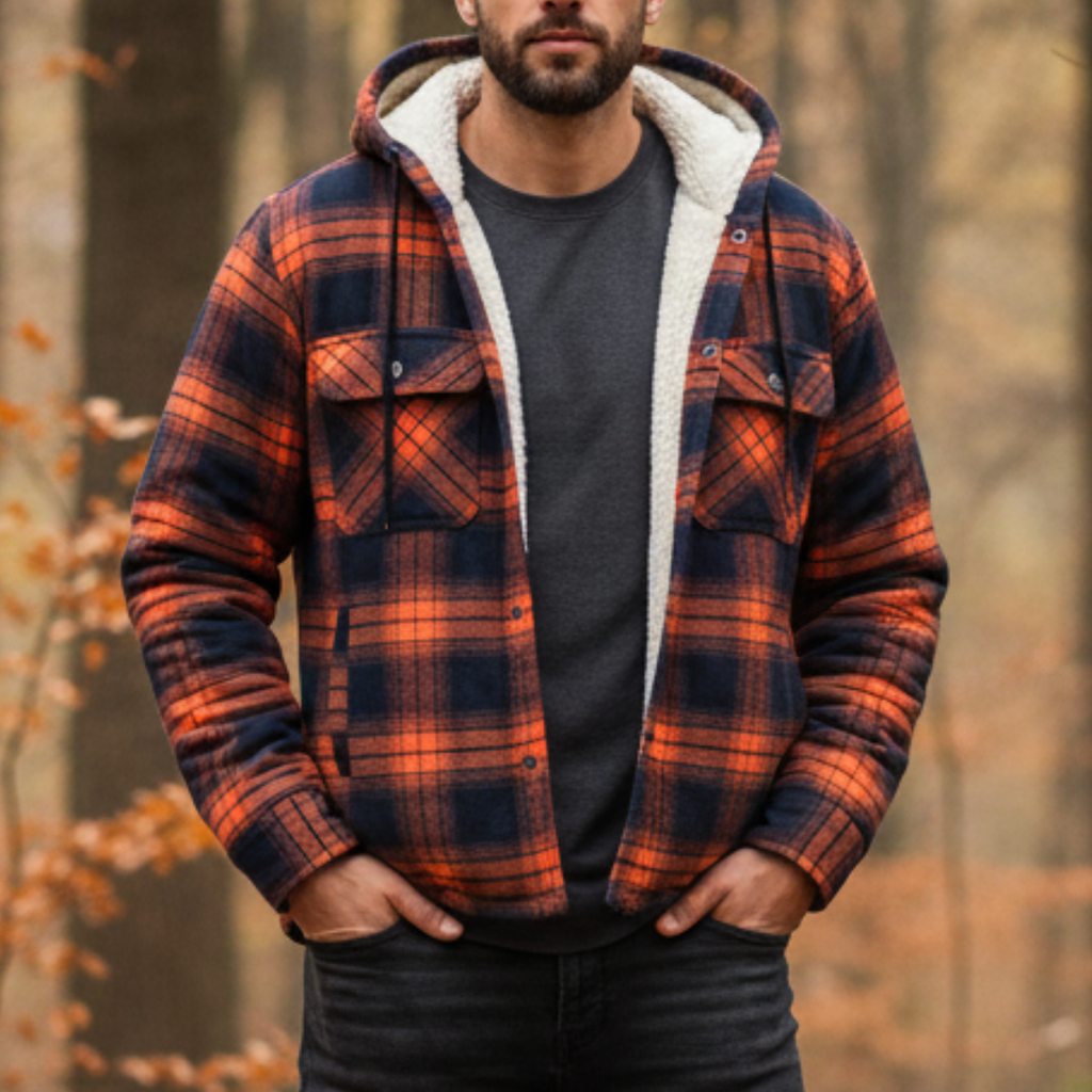Men’s Hooded Flannel Shacket — Quilted Thermal Lining, Button-Up