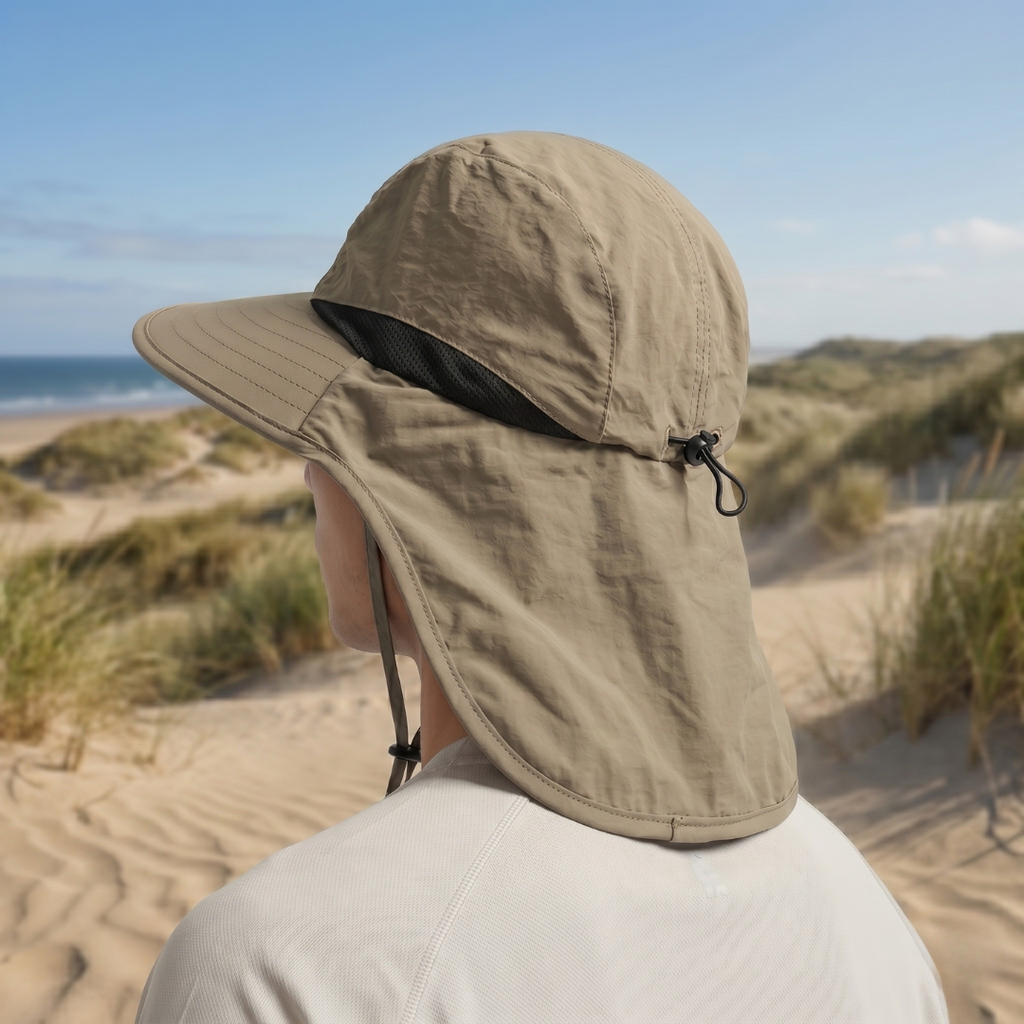 Chapeau de pêche à large bord — protection rabattable en maille UPF 50+ pour le cou et les oreilles