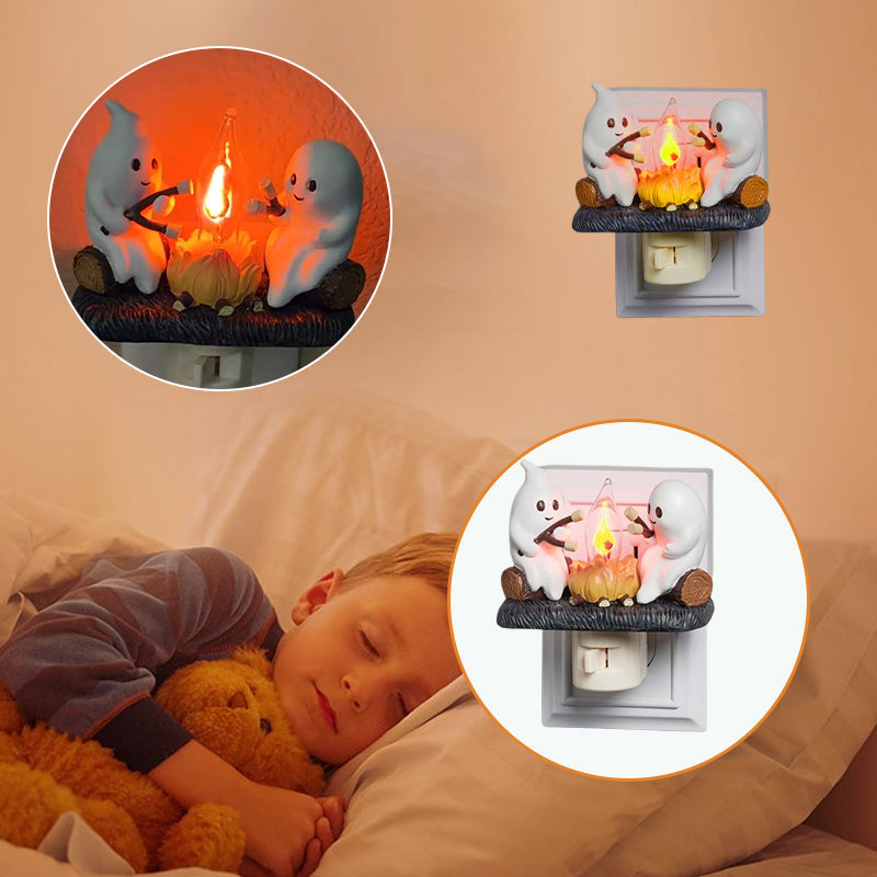 Noční světlo s blikajícím táborákem a duchem - LED figurka z pryskyřice