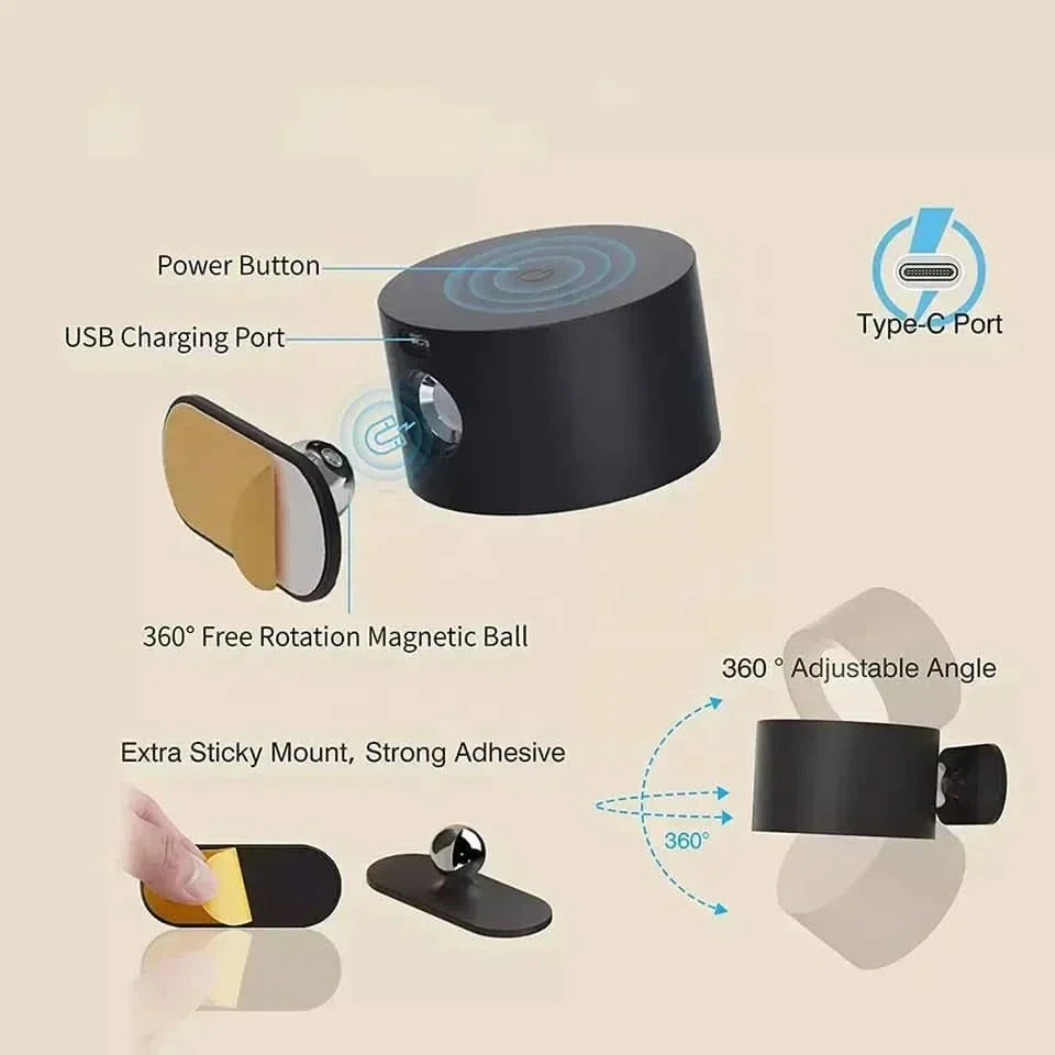 Trådløs væglampe med USB-genopladning - 360 grader, 3 lysstyrkeniveauer, 20 timers driftstid