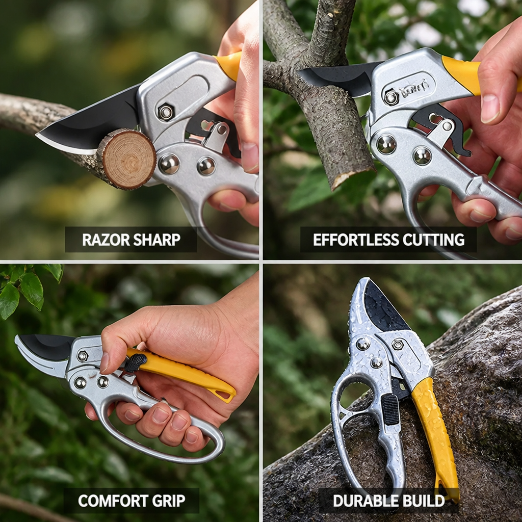 Foarfecă de grădină cu clichet — lamă din oțel SK5, mâner ergonomic antiderapant