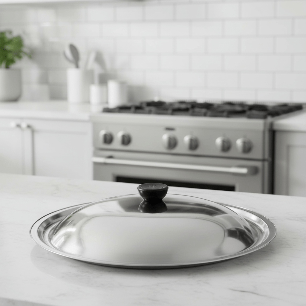 NovaCover Universal Stainless Steel Lid — lämmönkestävä tartuntakahva, sopii erikokoisiin wok-pannuihin ja paistinpannuihin