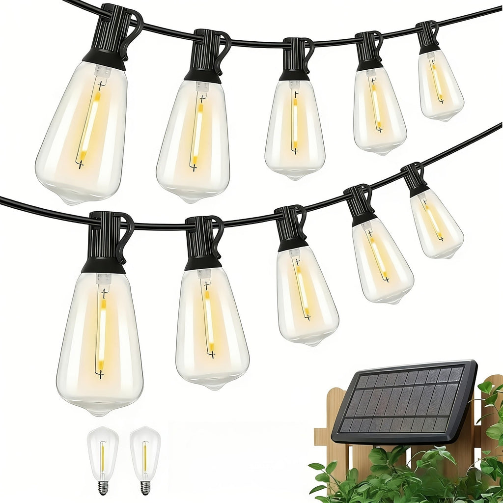 100FT Solar String Lights Outdoor Commercial Grade LED with Dimmable Yellow ST38 Bulbs - Euroselle