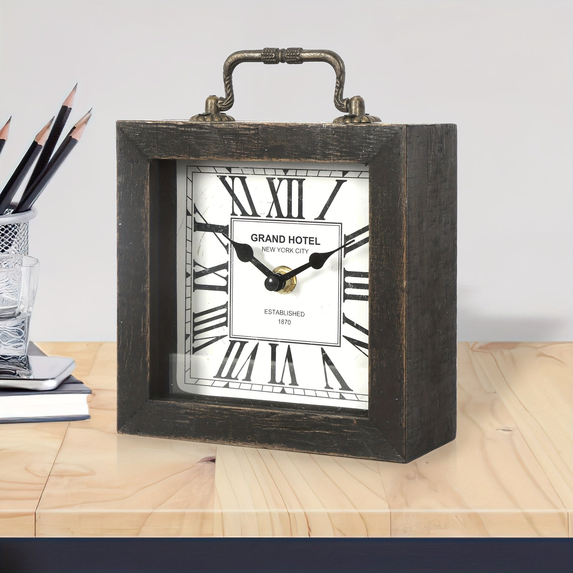 Rustic Wooden Shelf Clock with Glass Cover for Home Decor - Euroselle
