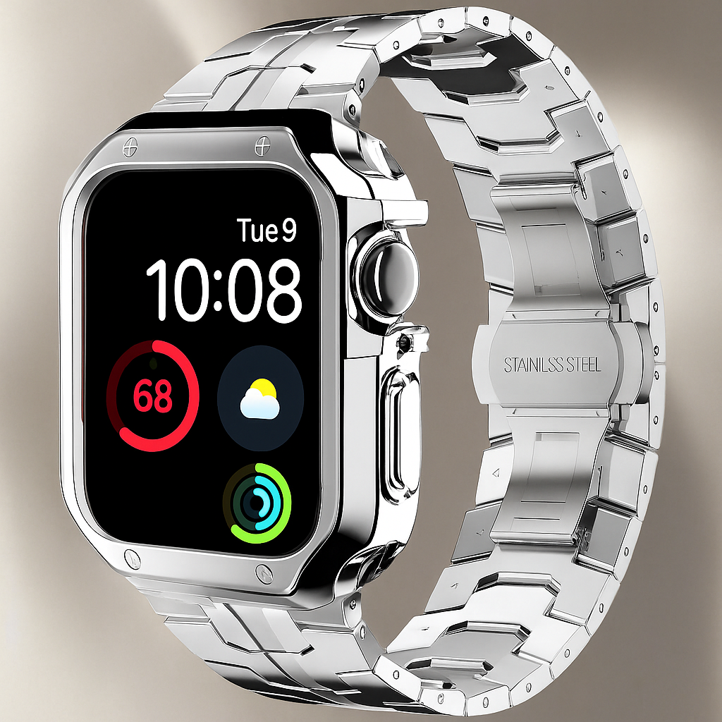 Apple Watch Metal Link Band & Case Set — Adjustable, Butterfly Clasp