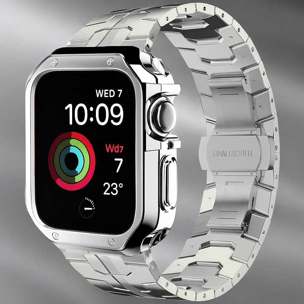 Metalrem i titanlook med led og pansercover til Apple Watch