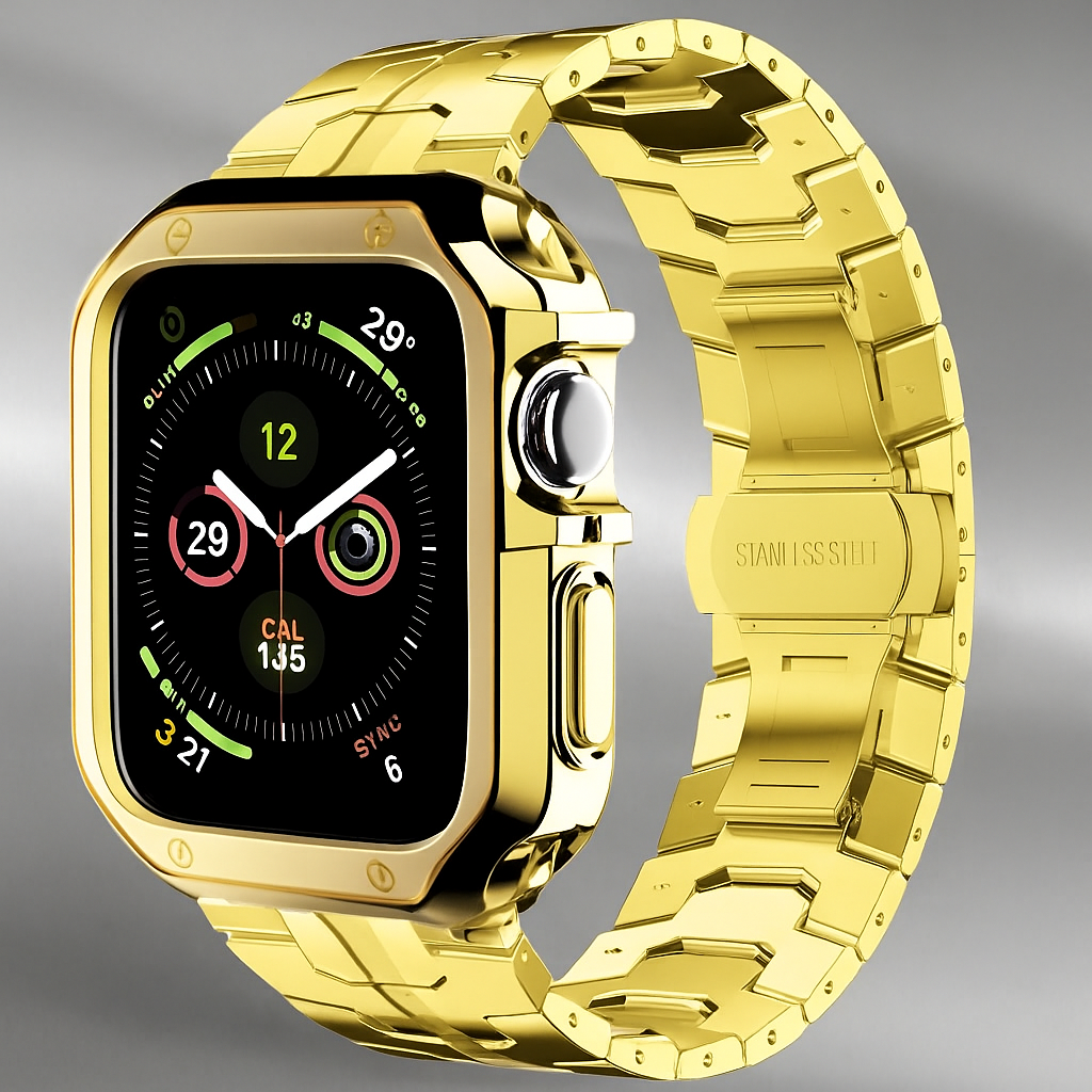Metalrem i titanlook med led og pansercover til Apple Watch