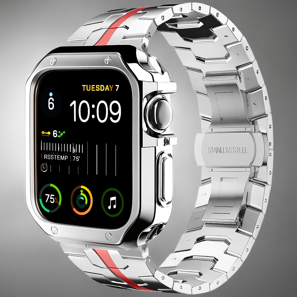 Metalrem i titanlook med led og pansercover til Apple Watch