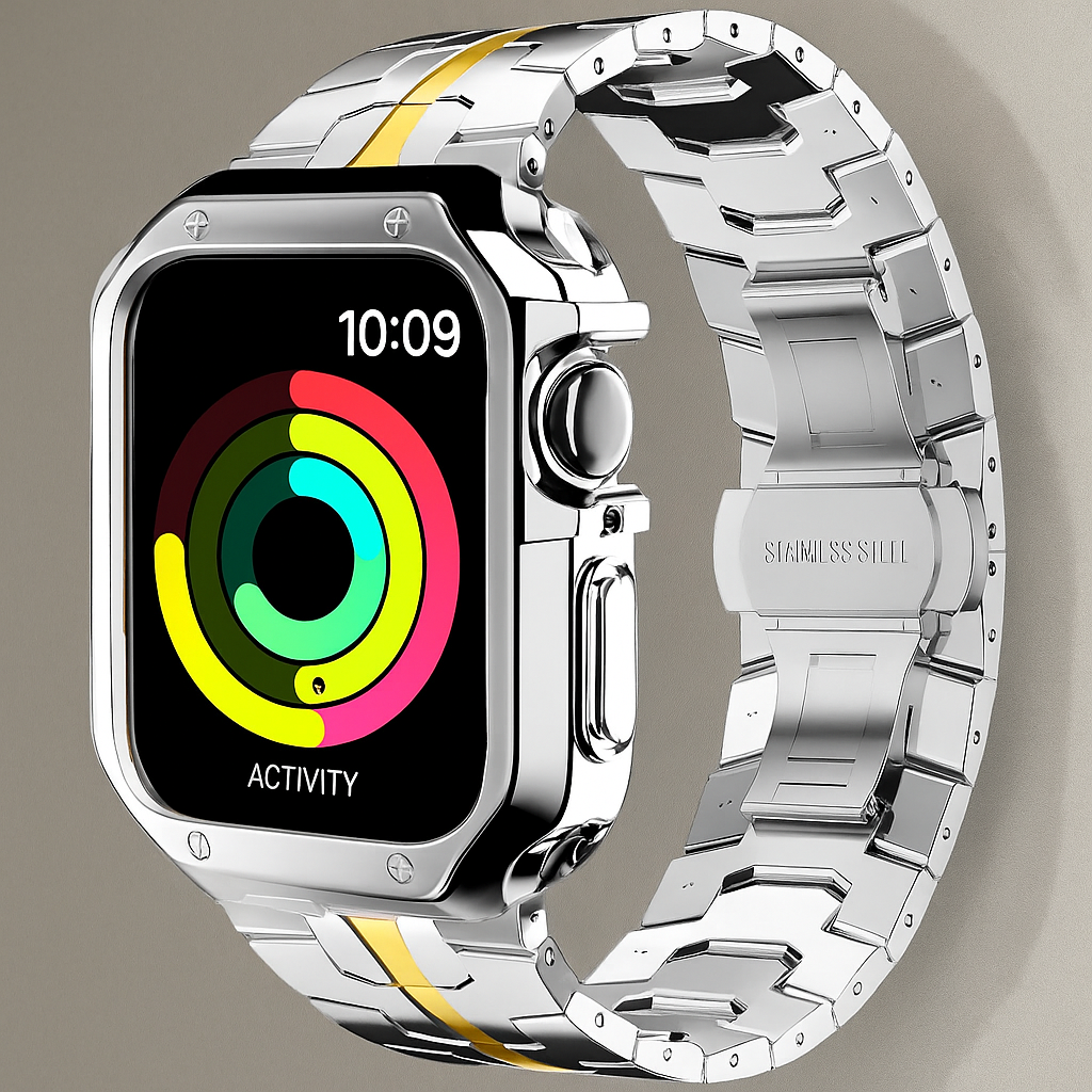 Apple Watch Metal Link Band & Case Set — Adjustable, Butterfly Clasp