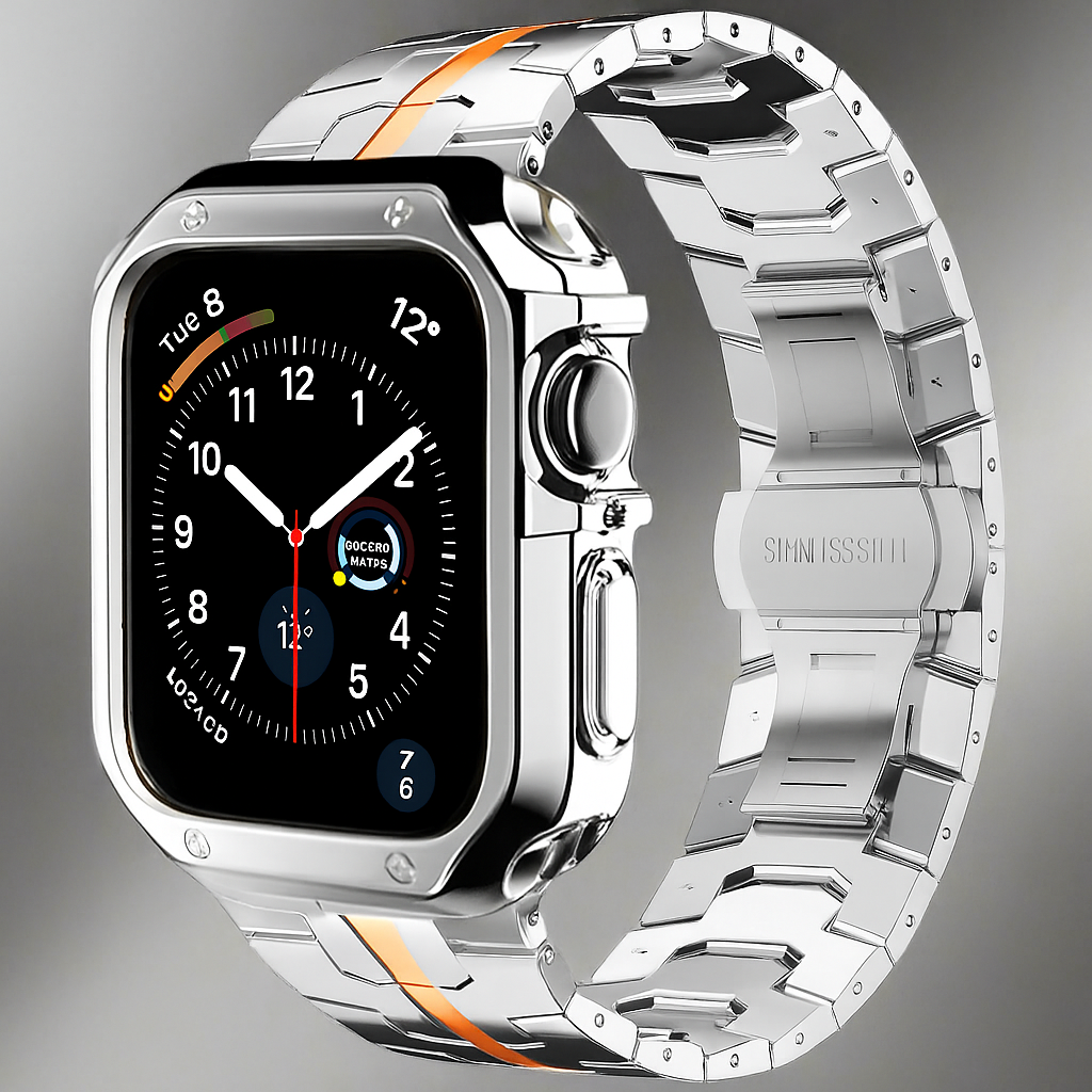 Metalrem i titanlook med led og pansercover til Apple Watch
