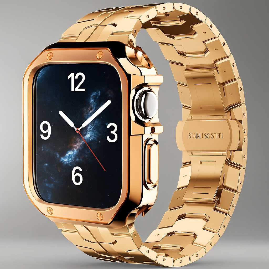 Metalrem i titanlook med led og pansercover til Apple Watch