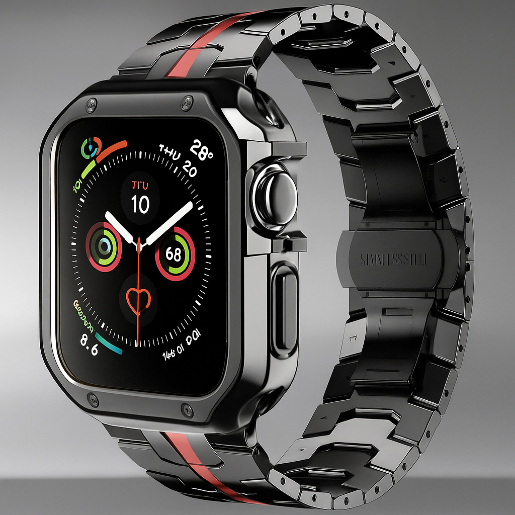 Metalrem i titanlook med led og pansercover til Apple Watch