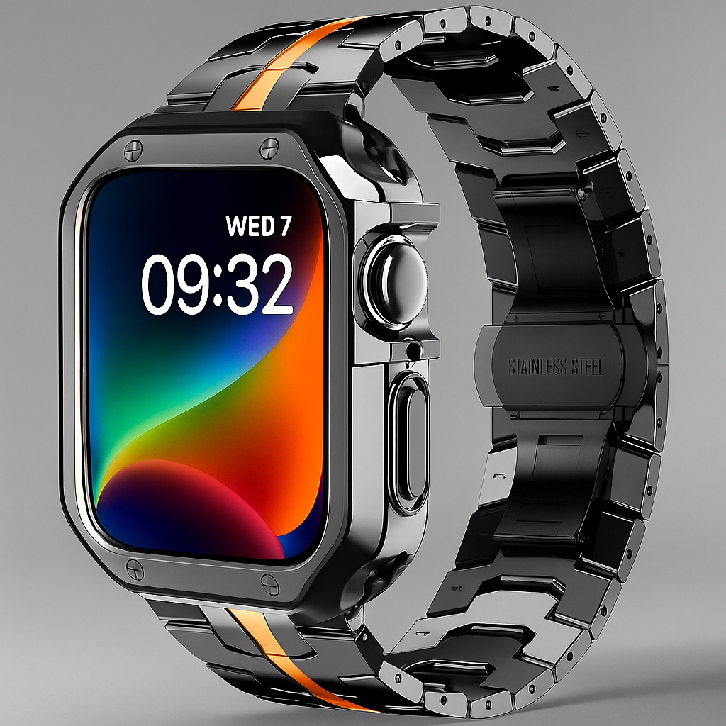 Metalrem i titanlook med led og pansercover til Apple Watch
