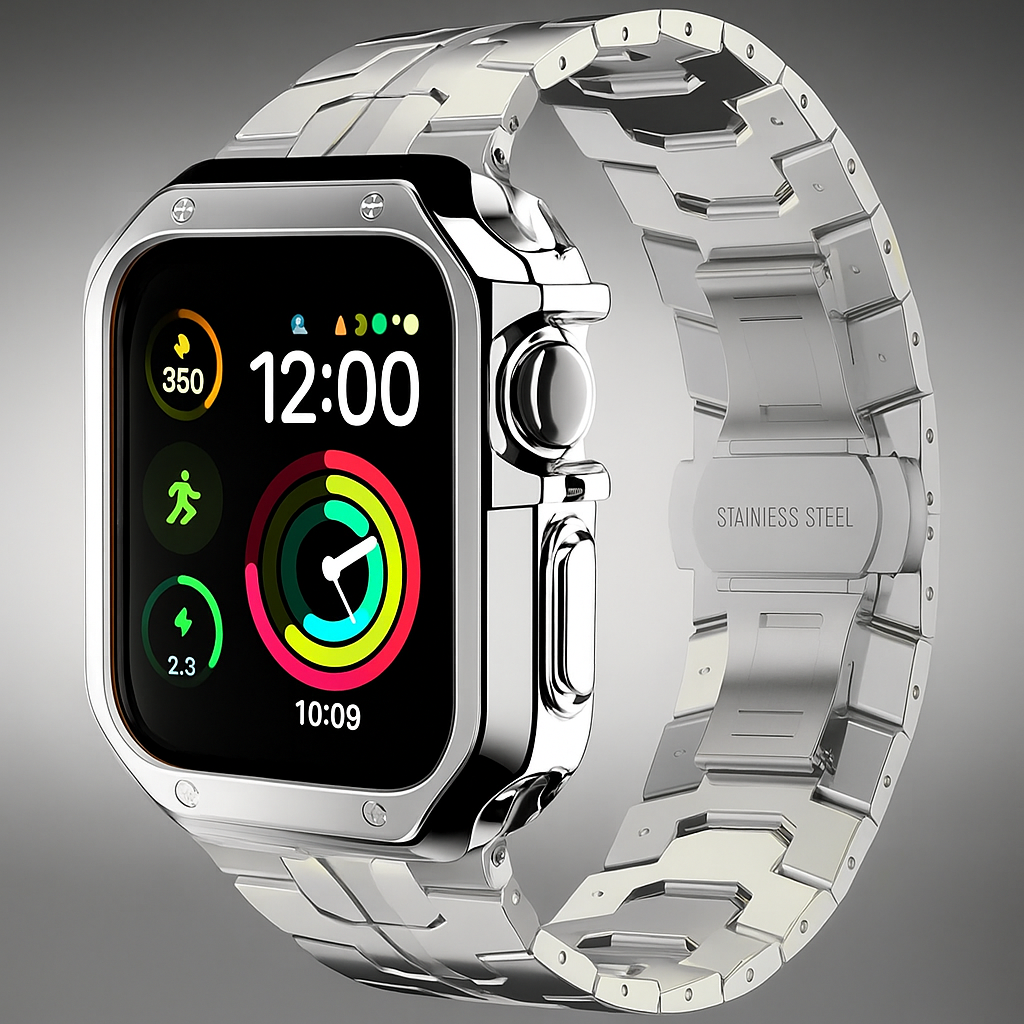 Apple Watch Metal Link Band & Case Set — Adjustable, Butterfly Clasp